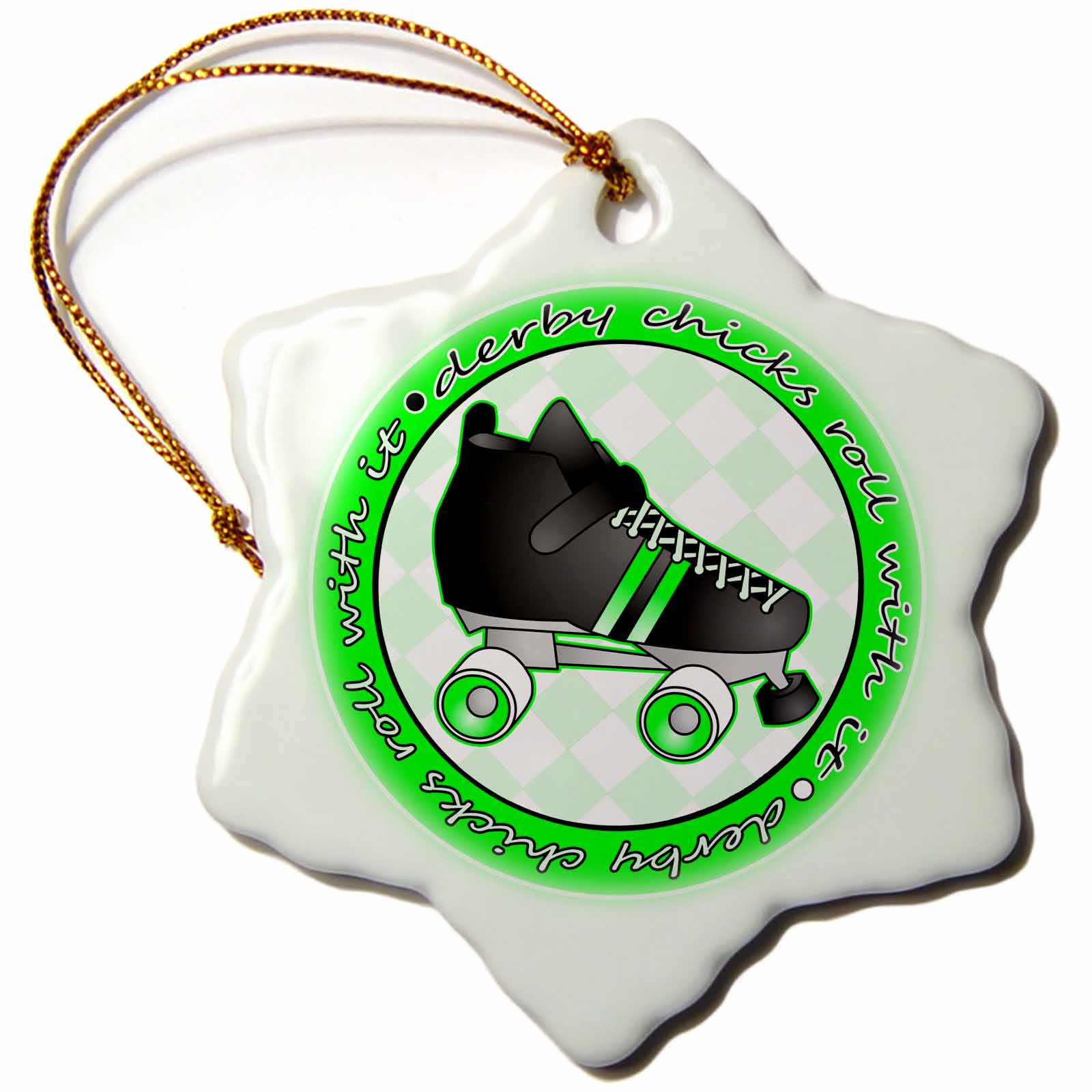 3dRose Janna Salak Designs Roller Derby - Derby Chicks Roll with It Green with Black Roller Skate - Ornaments (ORN_28515)
