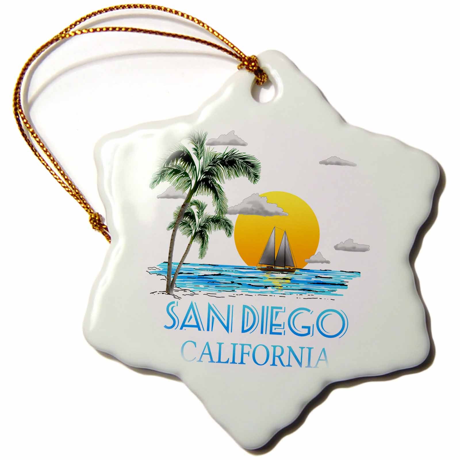 3dRose Macdonald Creative Studios – Nautical - San Diego California Nautical Sailing Design of Boat and Palm Trees. - Ornaments (ORN_299286)