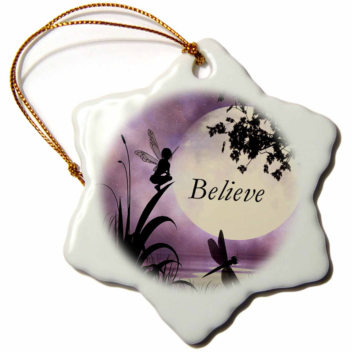 3dRose Renderly Yours Fairies - Believe, Fairy with Dragonflies with Moon and Purple Sky - Ornaments (ORN_35696)