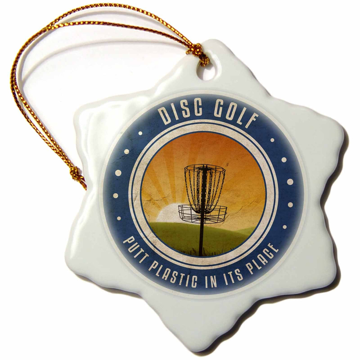 3dRose Perkins Designs Disc Golf - Putt Plastic in Its Place #11 - Silhouette of Frisbee disc Golf Basket as The Sun Rises - Ornaments (ORN_39411)