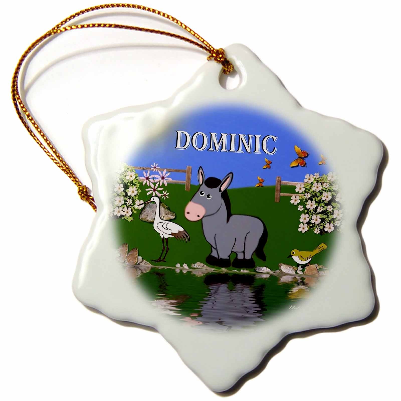 3dRose SmudgeArt Male Child Name Design - Decorative Donkey and Bird Art Design for Children - Personalized with The Name Dominic - Ornaments (ORN_50106)