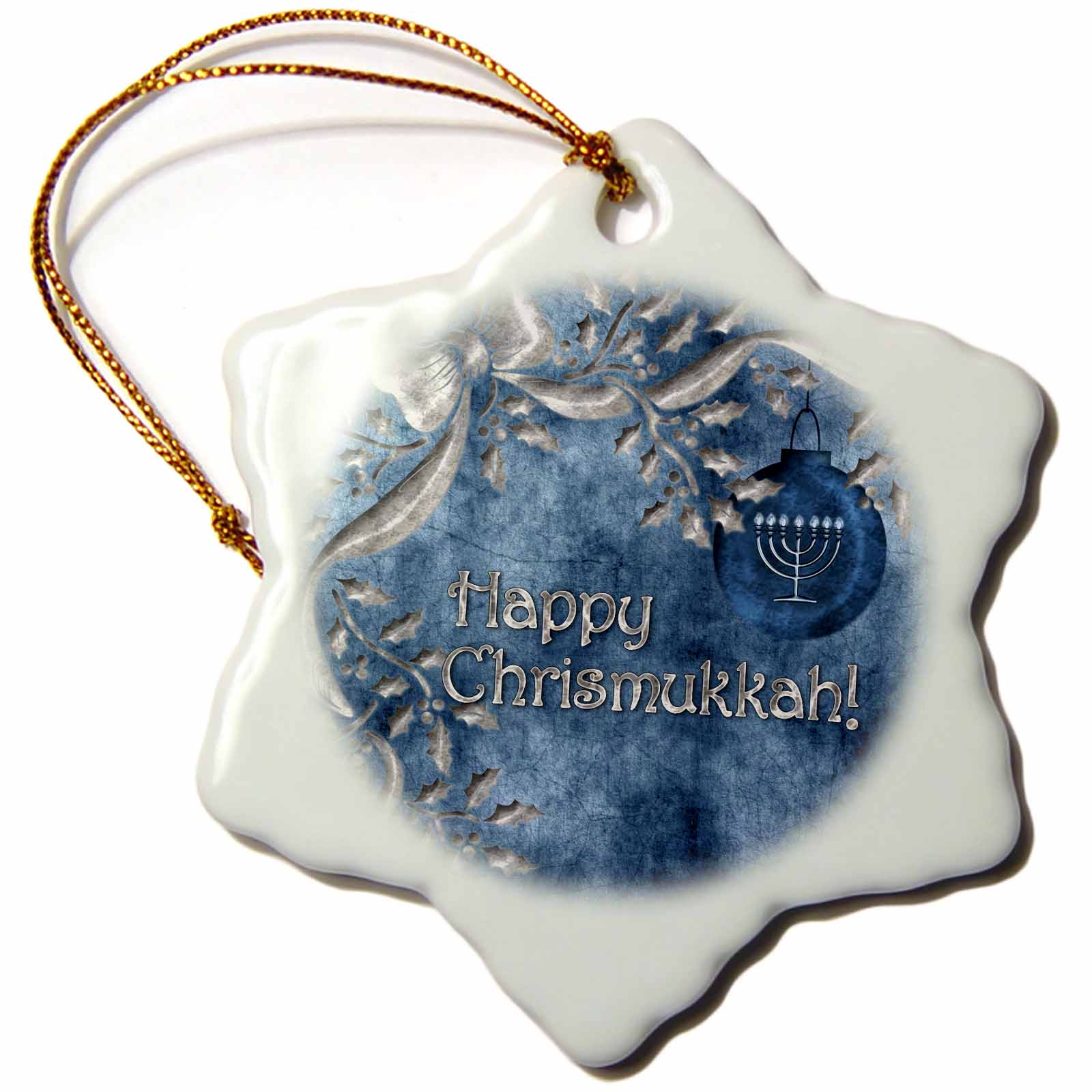 3dRose Doreen Erhardt Christmas Collection - Happy Chrismukkah Blue and Silver Ornament and Menorah - Ornaments (ORN_52281)