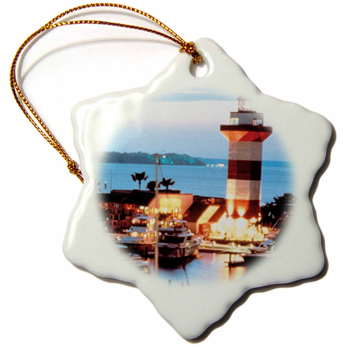 3dRose Sandy Mertens South Carolina - Harbour Town Lighthouse at Hilton Head Island at Dusk - Ornaments (ORN_61725)