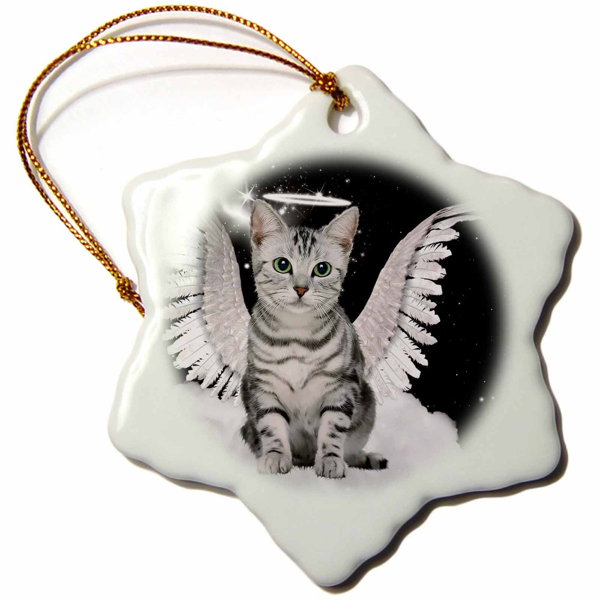 3dRose Doreen Erhardt Cats - Gray Tabby Cat Angel Sitting on a Cloud with a Cute Halo and Angel Wings - Ornaments (ORN_62893)