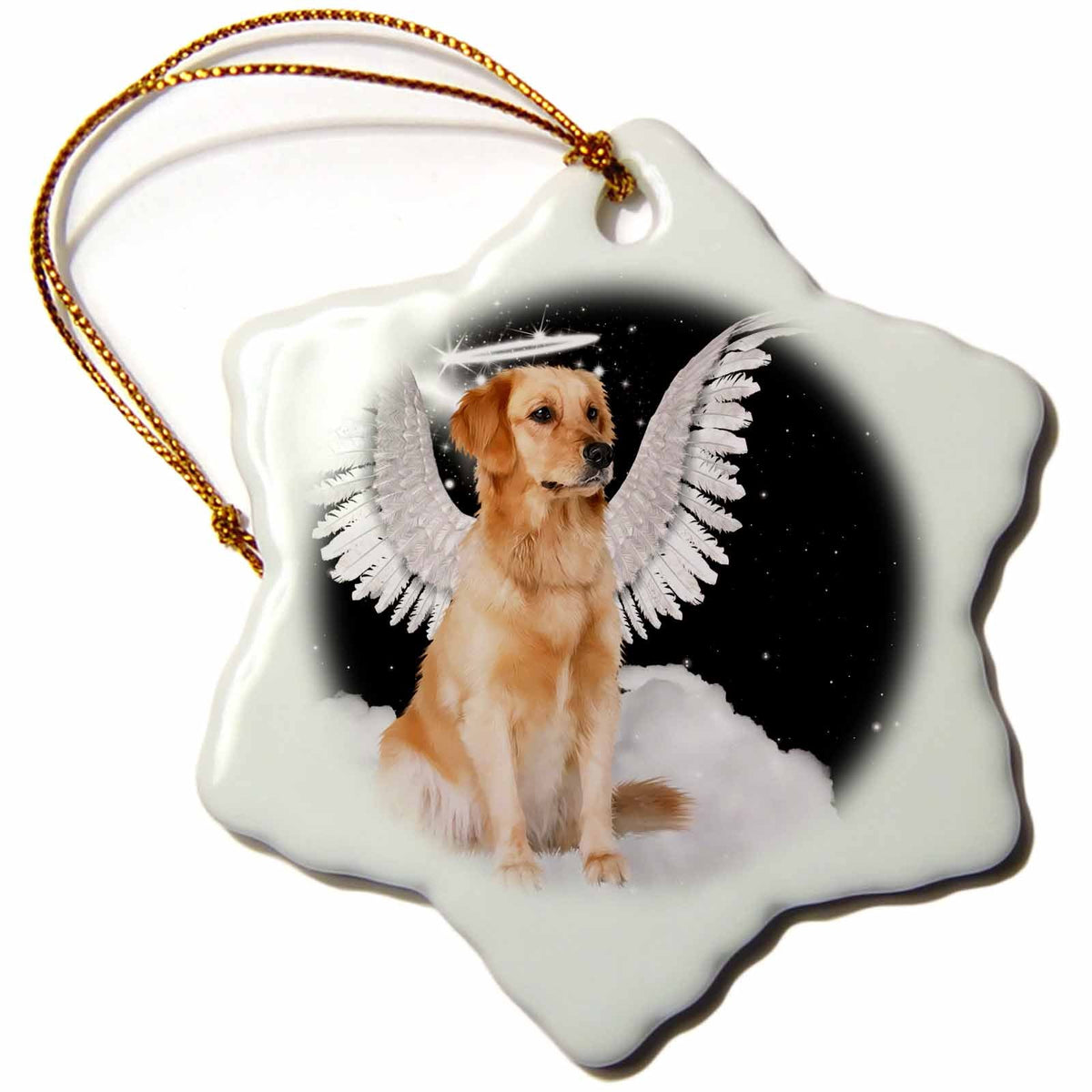 3dRose Doreen Erhardt Dogs - Golden Retriever Angel Dog Sitting on a Cloud with a Cute Halo and Angel Wings - Ornaments (ORN_62894)