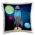 3dRose Anne Marie Baugh Kids - Boys Rocket Ship With Planets Design On A Dark Blue Background - Pillow Cases (pc_111577)