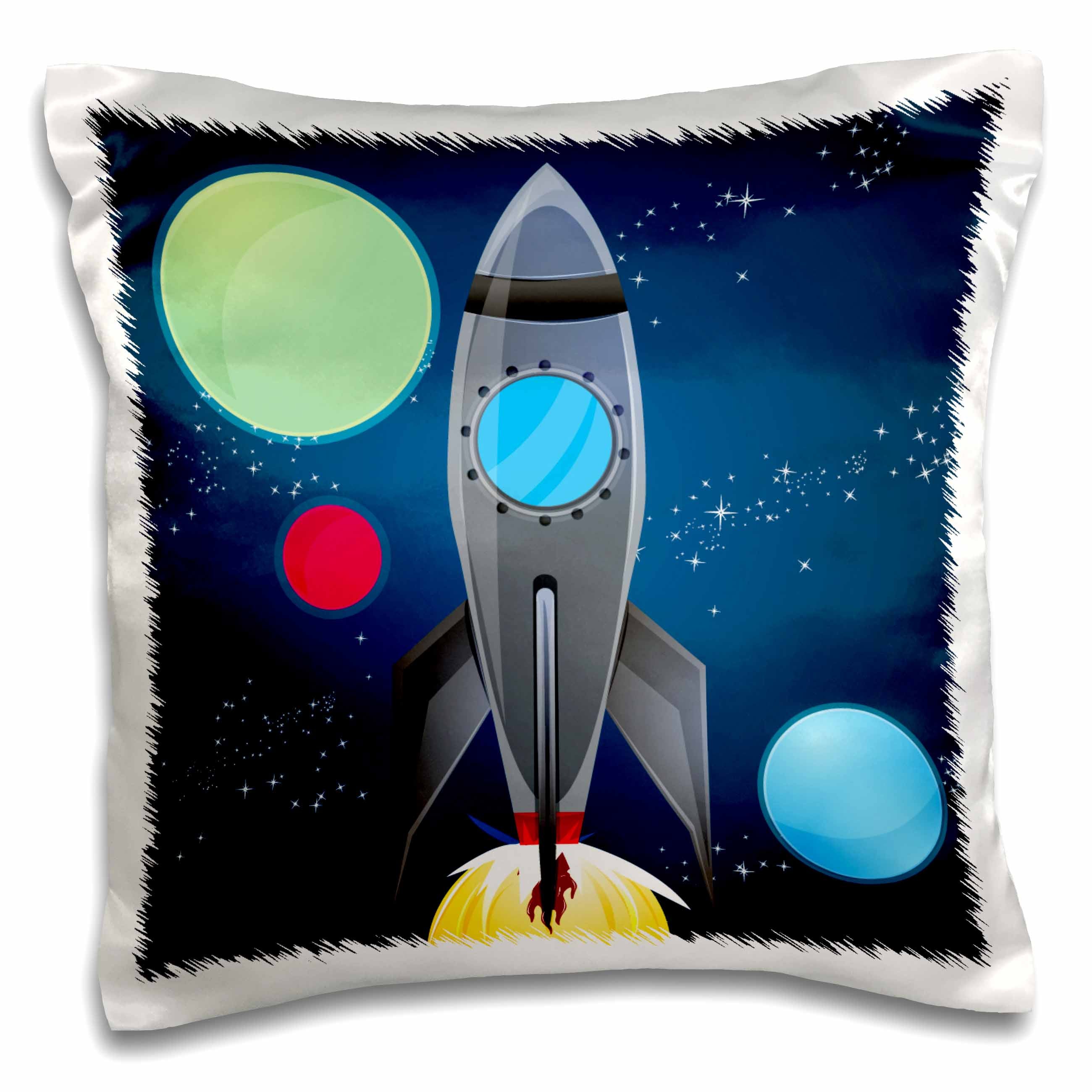3dRose Anne Marie Baugh Kids - Boys Rocket Ship With Planets Design On A Dark Blue Background - Pillow Cases (pc_111577)