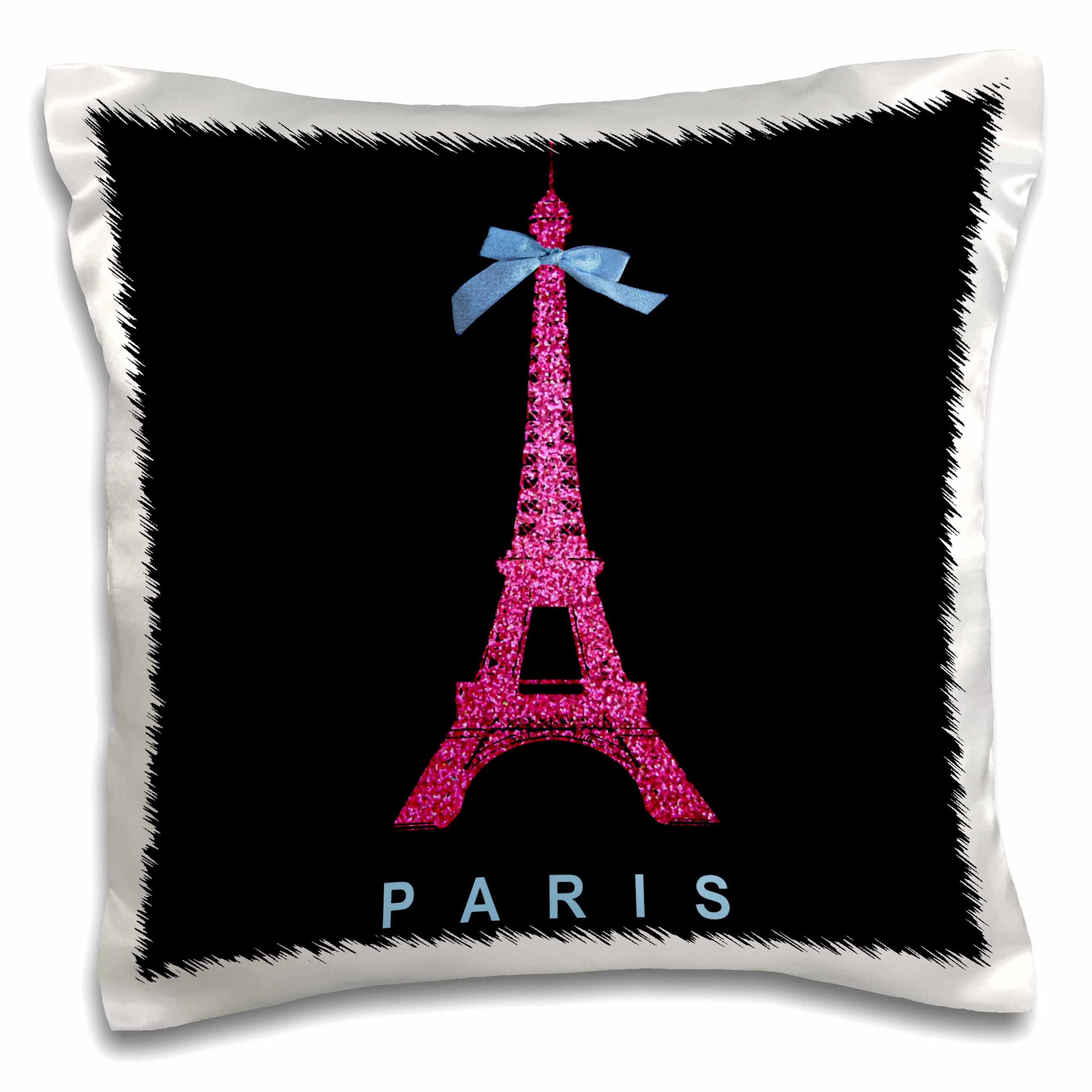 3dRose InspirationzStore French theme - Hot Pink Paris Eiffel Tower from France with girly blue ribbon bow - Black Stylish Modern France - Pillow Cases (pc_112908)