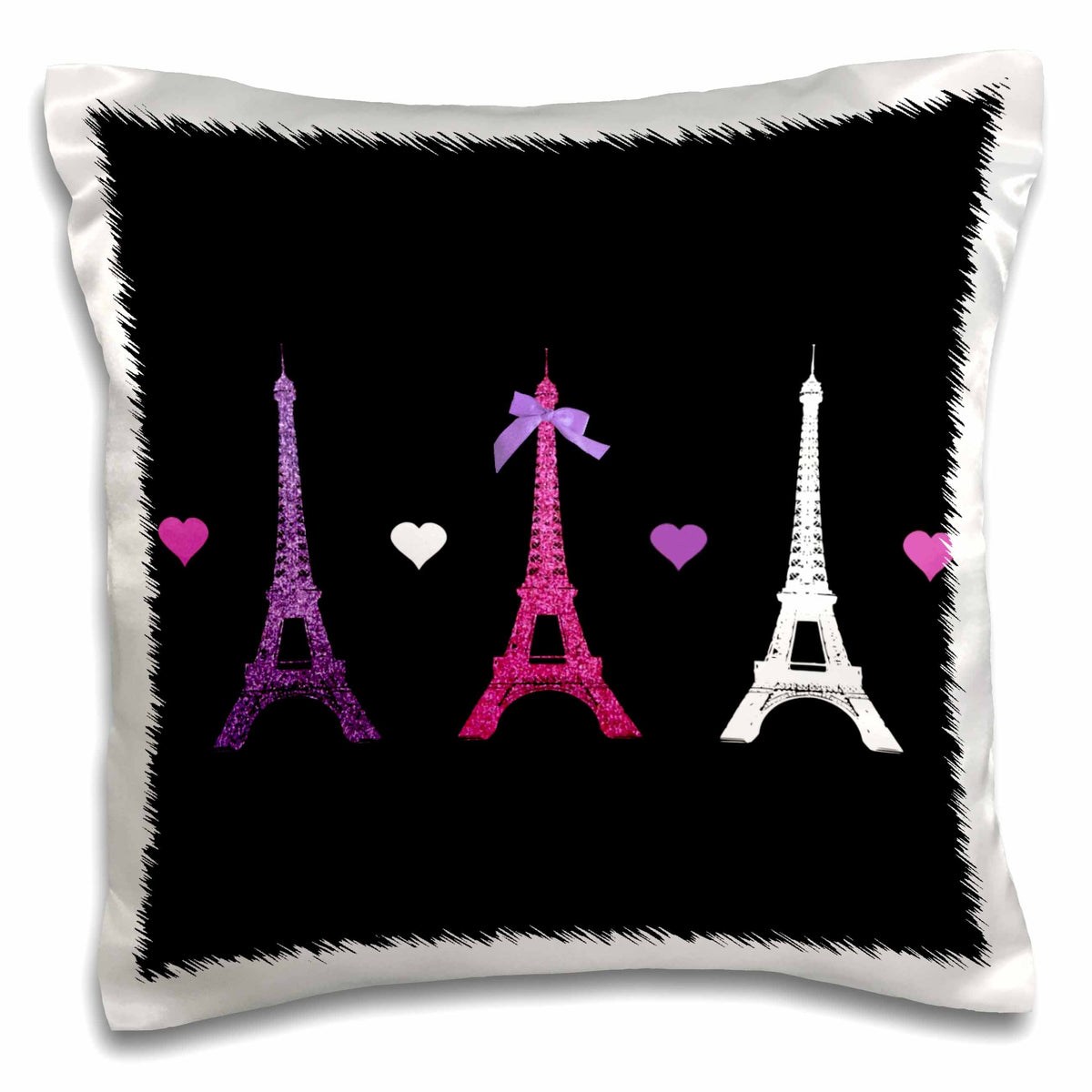 3dRose InspirationzStore French theme - Girly Eiffel Tower - hot pink purple black Paris towers love hearts stylish French modern France - Pillow Cases (pc_113151)