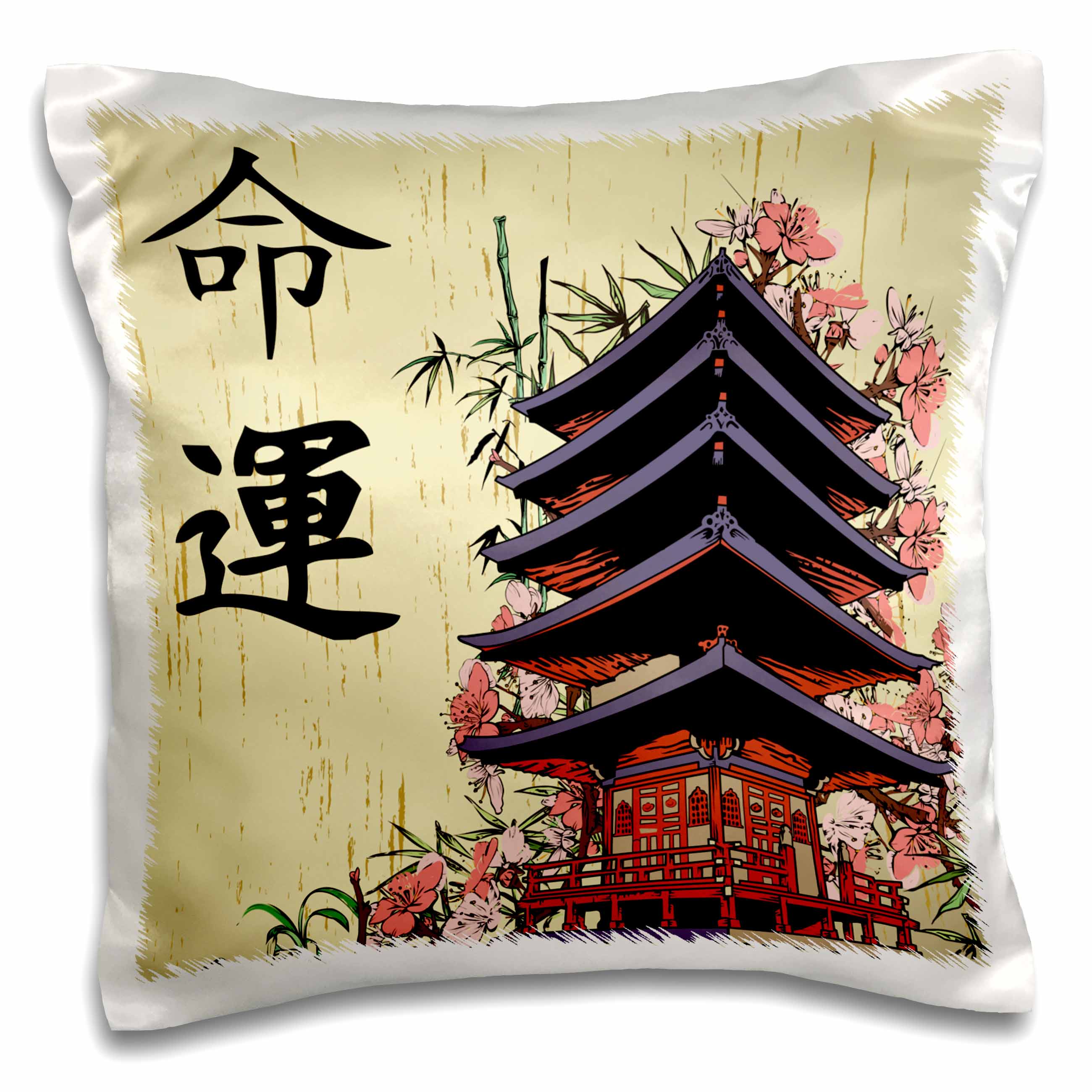 3dRose Dooni Designs Oriental Inspired Designs - Beautiful Japanese Pagoda with Pink Sakura and Bamboo Destiny Luck Kanji Symbols Asian Design - Pillow Cases (pc_116193)