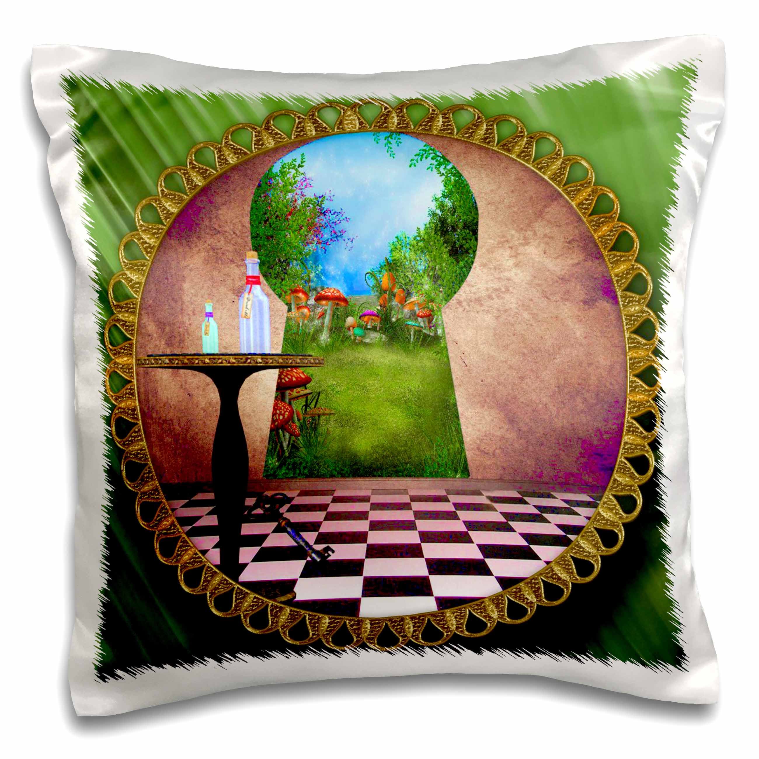 3dRose Spiritual Awakenings Fantasy - Through the keyholes Alice In Wonderland art checkered floor bottle of magic water - Pillow Cases (pc_128860)