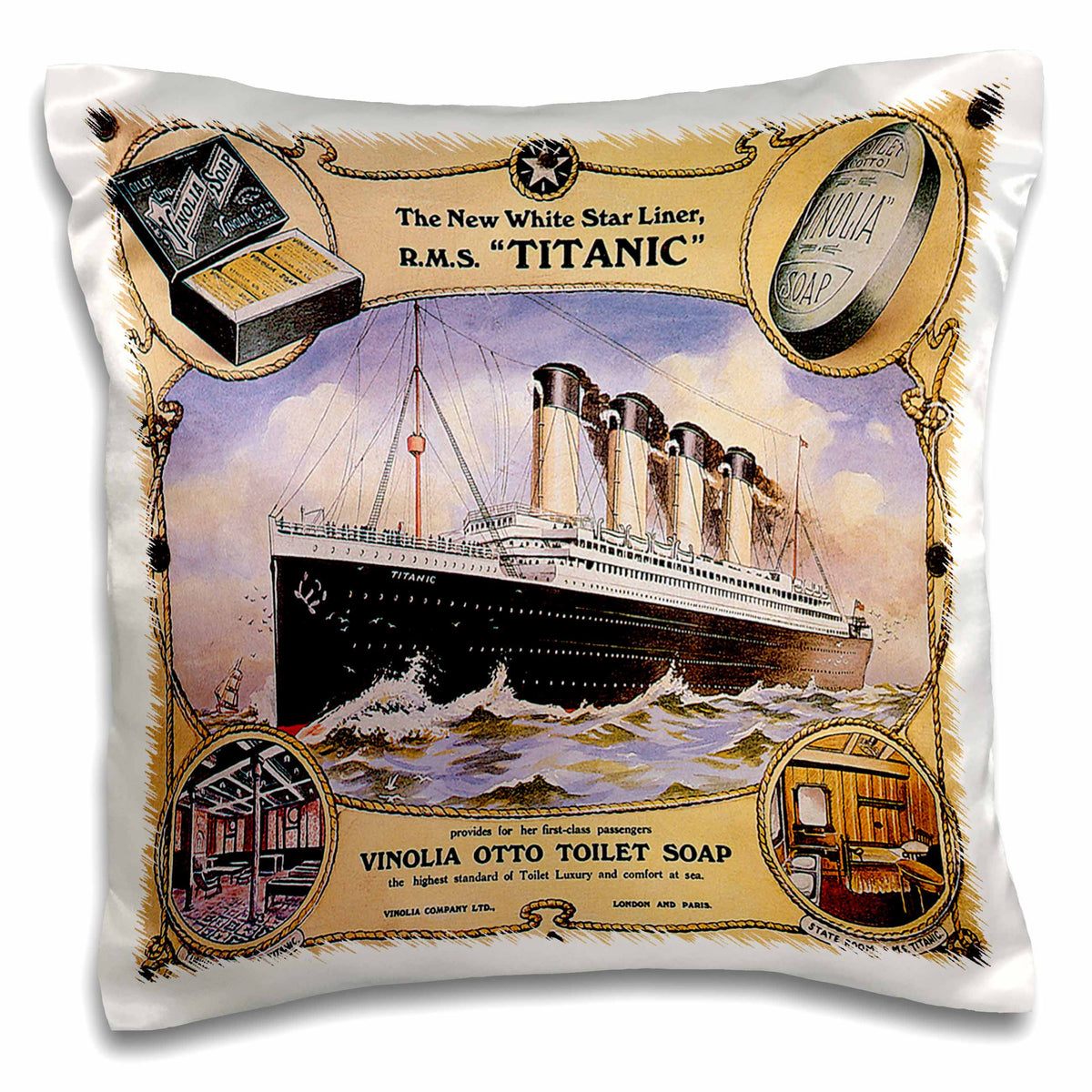 3dRose BLN Vintage Ocean Liners Advertising Posters - Vintage White Star Line Titanic Vinolia Otto Toilet Soap Advertising Poster - Pillow Cases (pc_149245)
