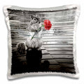 3dRose Doreen Erhardt Wildlife - Sweet squirrel standing on a rainy deck holding a pink carnation - Pillow Cases (pc_150168)