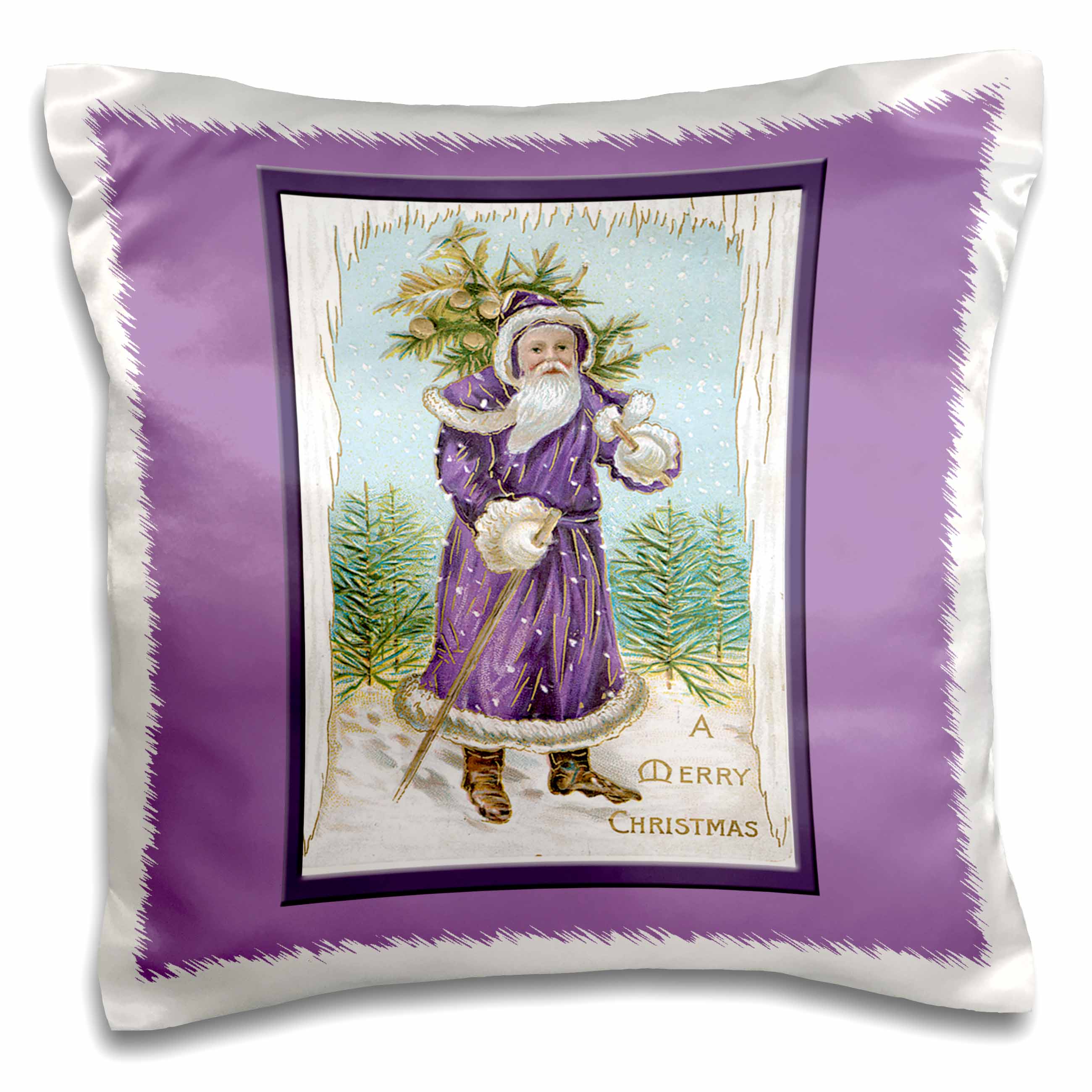 3dRose BLN Vintage Christmas Designs - Vintage Christmas Card with Santa Clause in Purple Framed in Purple on a Lavender Background - Pillow Cases (pc_153208)