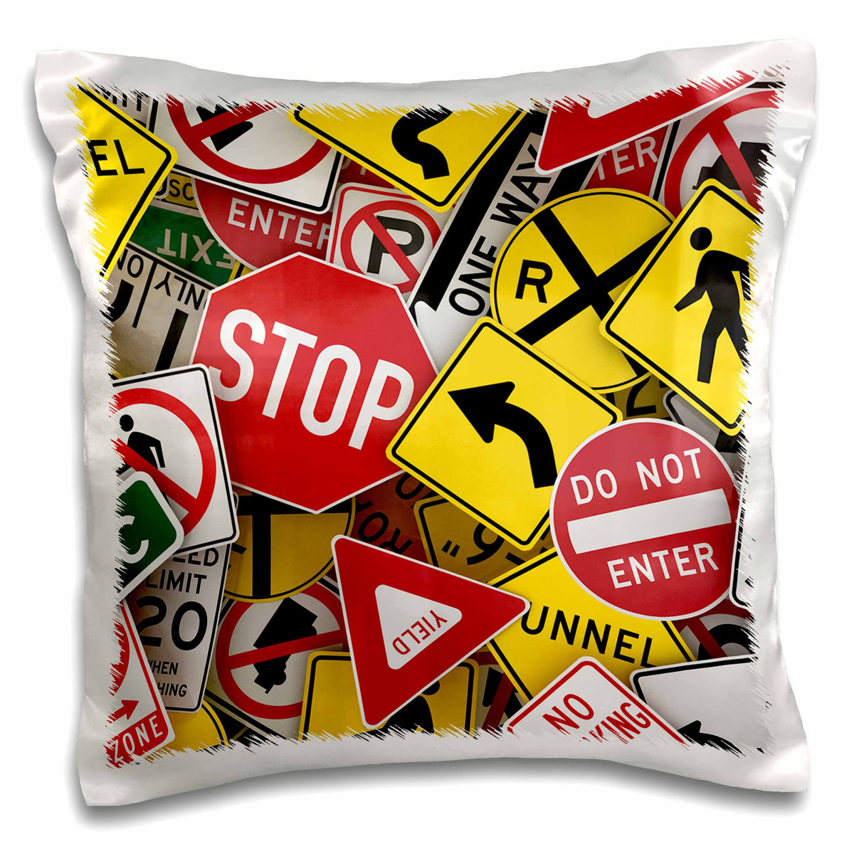 3dRose Carsten Reisinger Illustrations - American road sign signs collage street stop yield usa - Pillow Cases (pc_155154)