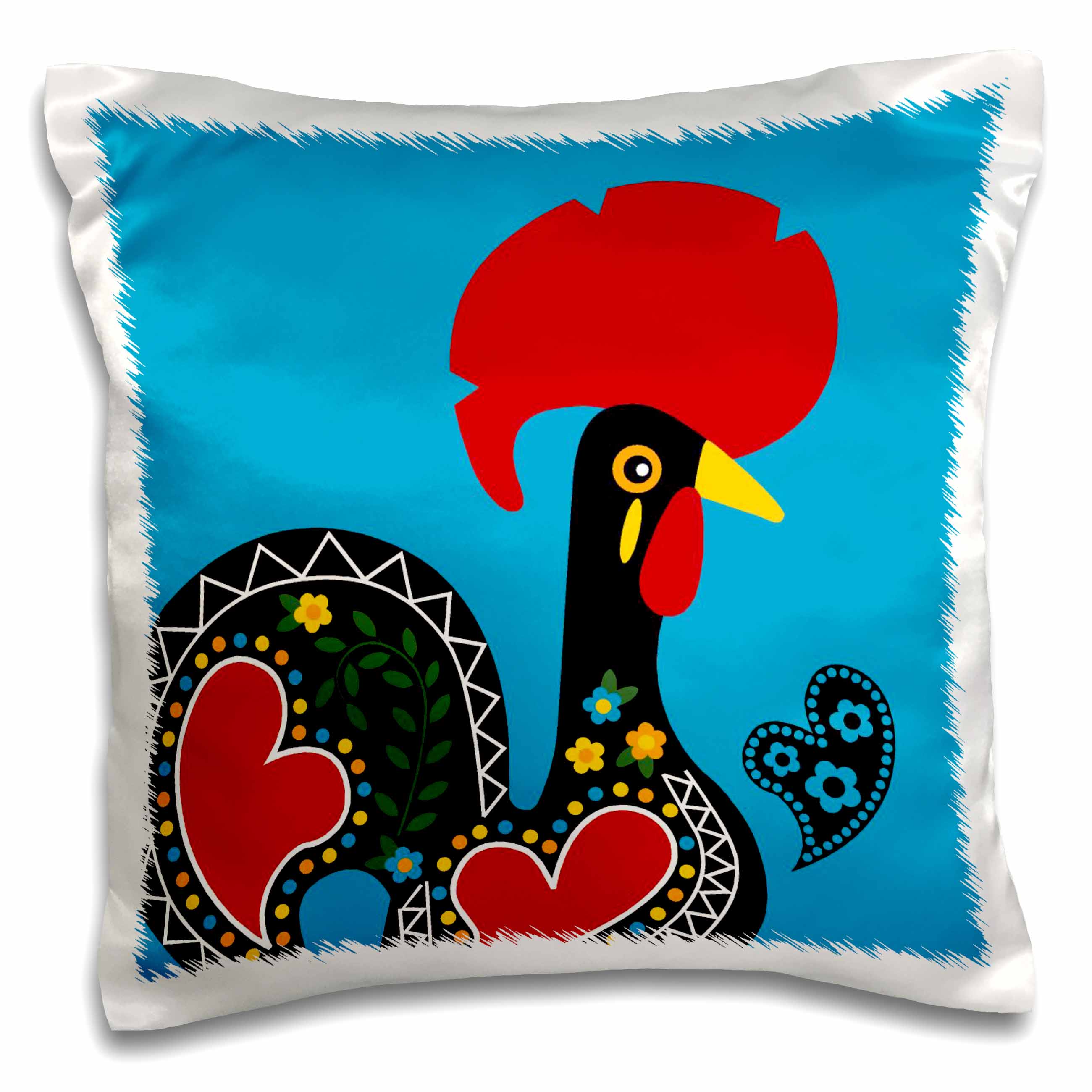 3dRose Belinha Fernandes - The Portuguese Rooster - The black Portuguese Rooster on a blue background with a heart - Pillow Cases (pc_160660)