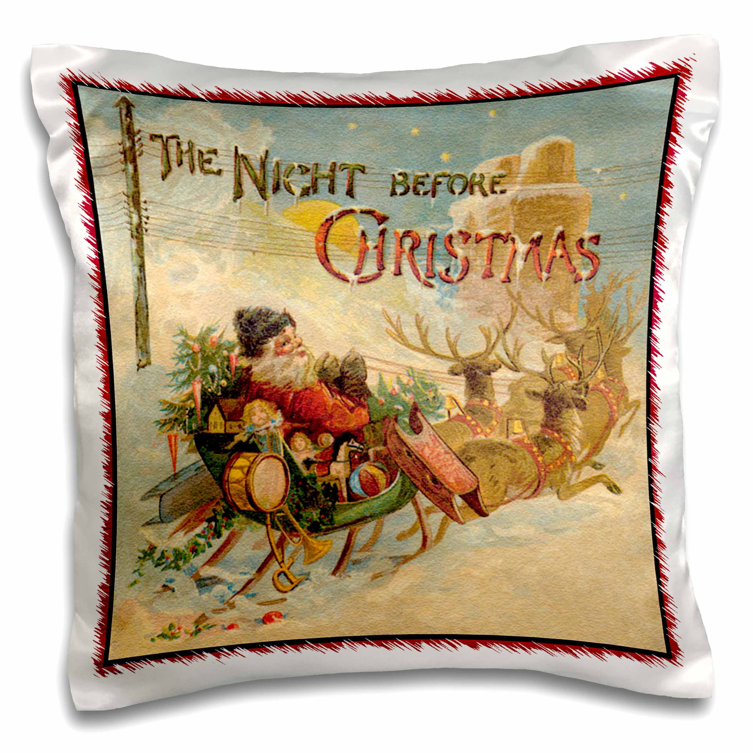3dRose Sandy Mertens Vintage Christmas Designs - Night Before Christmas Santa in Reindeer Pulled Sleigh - Pillow Cases (pc_172785)