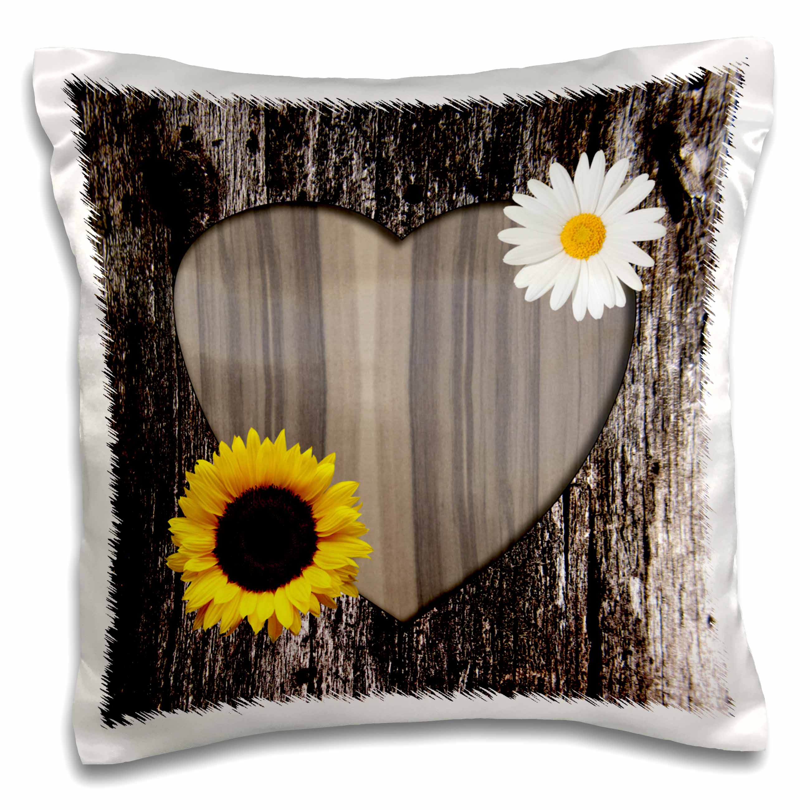 3dRose Janna Salak Designs Rustic Designs - Wood Image Heart with Sunflower and Daisy - Pillow Cases (pc_181828)