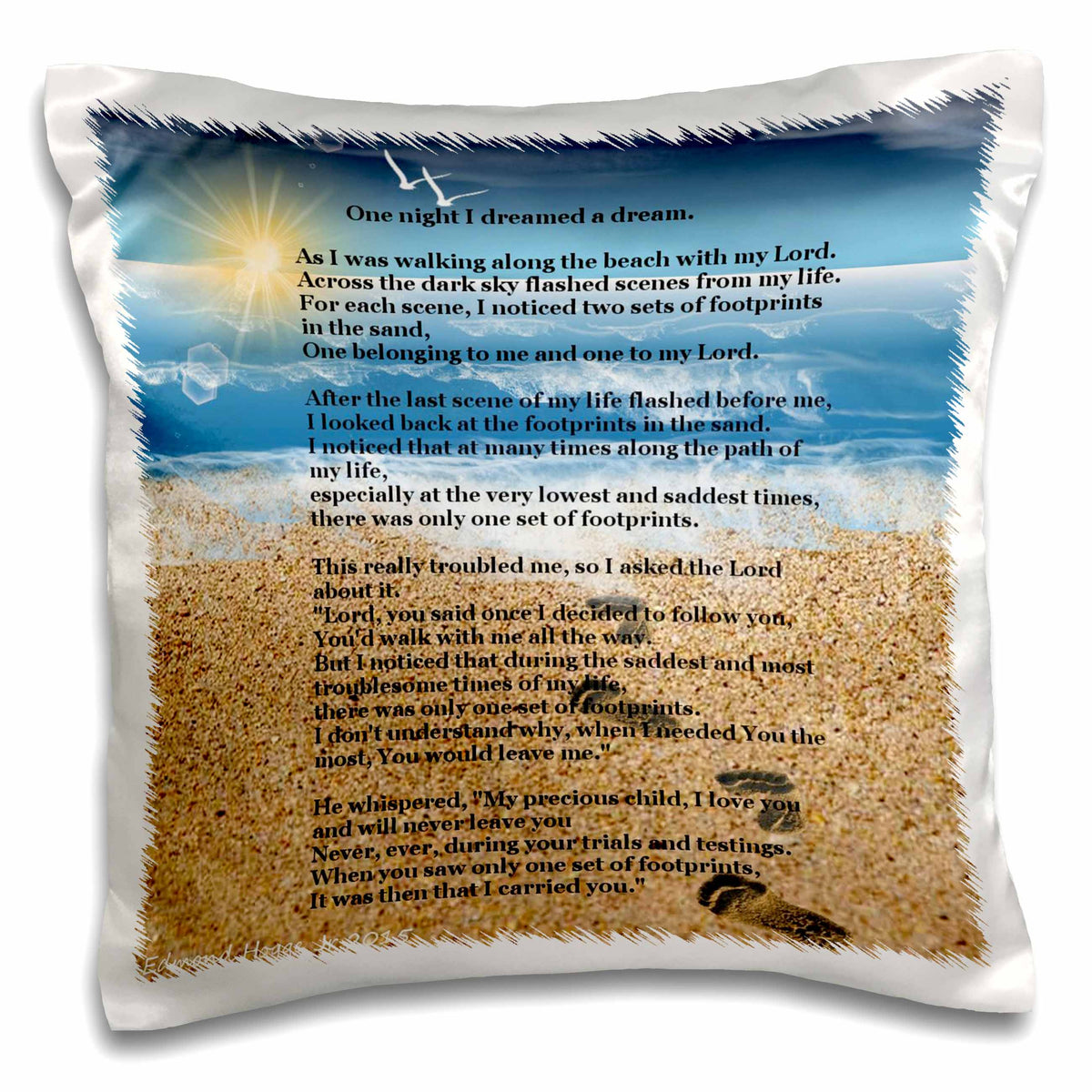 3dRose Edmond Hogge Jr – Ocean Views - Footprints in the Sand on Beach with Poem - Pillow Cases (pc_204469)