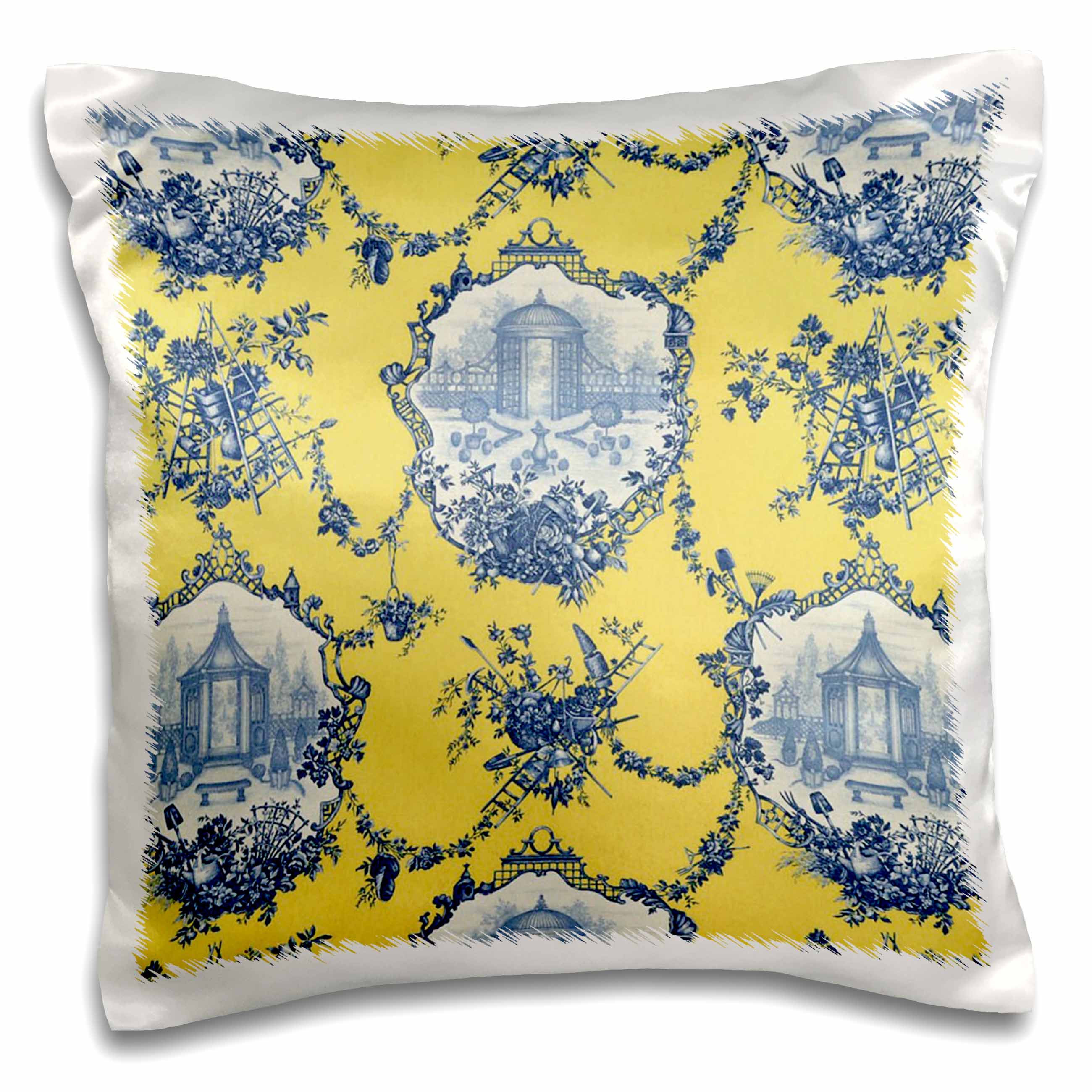 3dRose RinaPiro - French Toile - Garden French Toile. Yellow and blue. Popular toile print. - Pillow Cases (pc_218087)