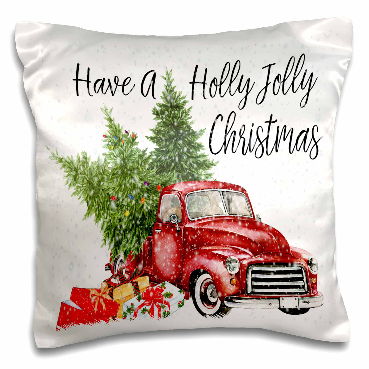 3dRose Anne Marie Baugh - Christmas - Have A Holly Jolly Christmas Red Truck With Christmas Trees - Pillow Cases (pc_263636)
