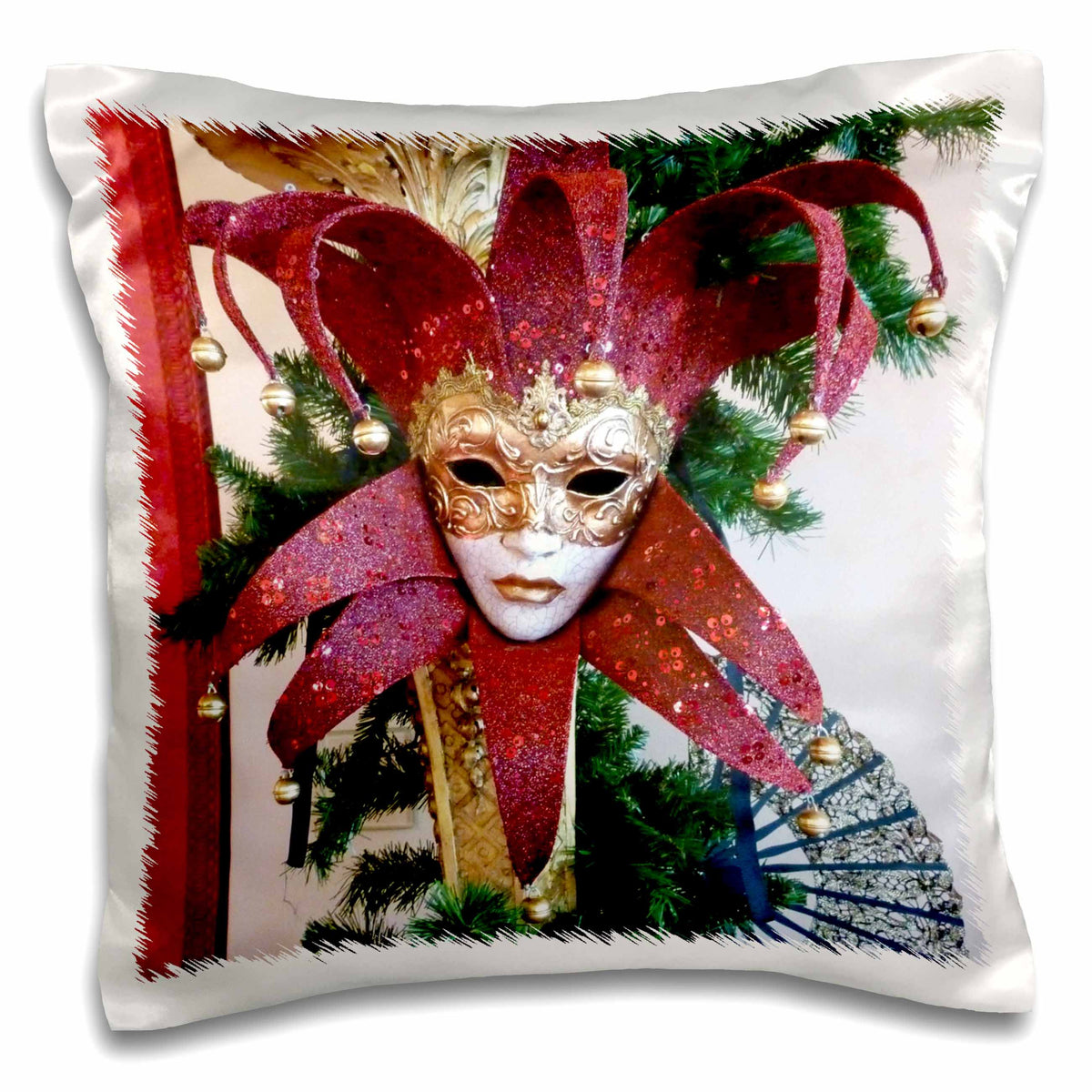 3dRose Florene Vintage - Red and Gold Vintage Mardi Gras Mask - Pillow Cases (pc_37256)