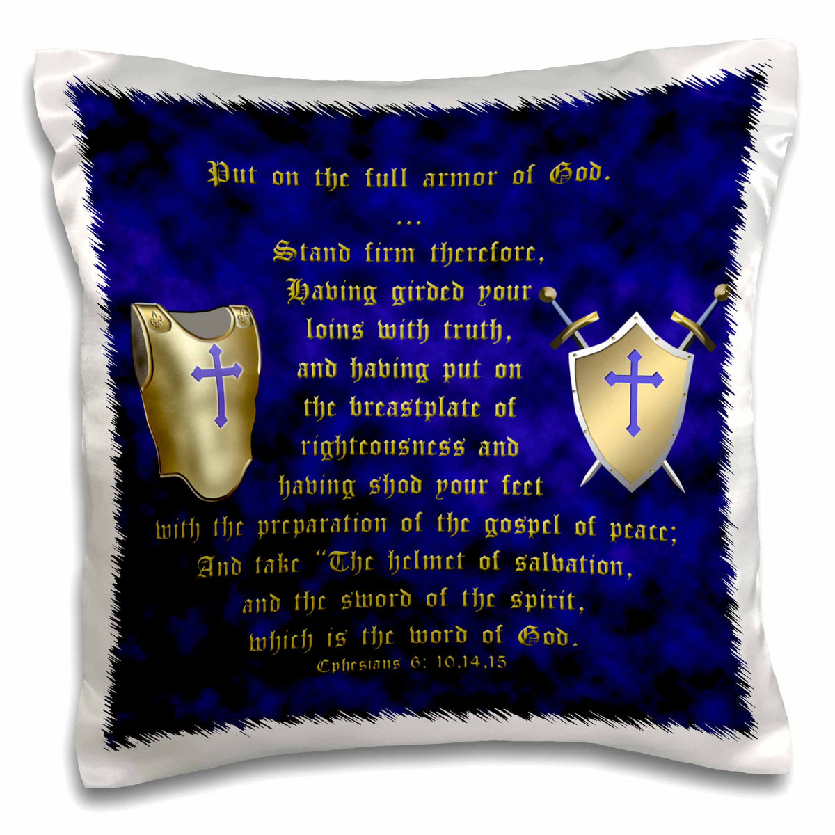 3dRose 777images Designs Graphic Design Bible Verse - Ephesians 6: 10, 14, 15; Put on full armor of God; breastplate, shield, swords - Pillow Cases (pc_40072)