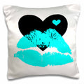 3dRose Anne Marie Baugh Smooches - Turquoise Smooches Lips With A Black and Turquoise Heart - Pillow Cases (pc_45462)