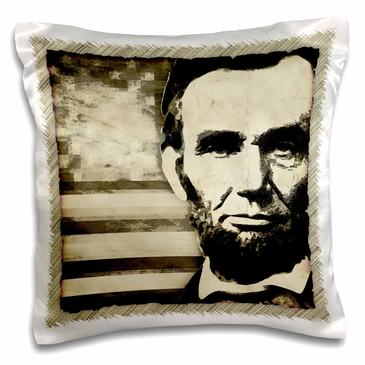 3dRose Perkins Designs USA - Abraham Lincoln - President Abraham Lincoln with American Flag in Sepia Tone Colors - Pillow Cases (pc_52683)