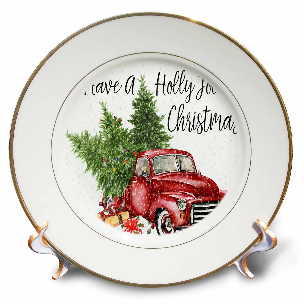 3dRose Anne Marie Baugh - Christmas - Have A Holly Jolly Christmas Red Truck With Christmas Trees - Plates (cp_263636)