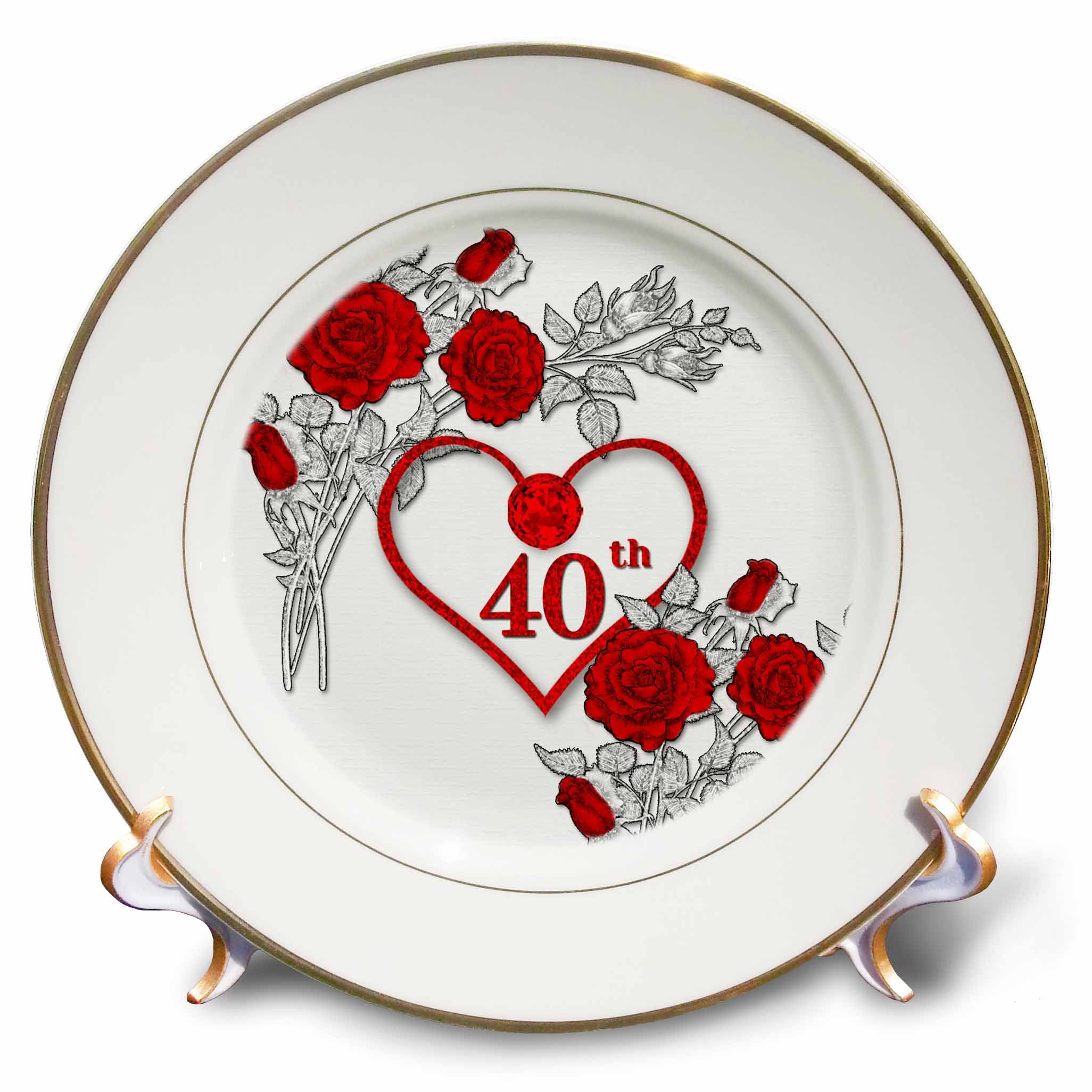 3dRose Doreen Erhardt Wedding Collection - Red Heart and Roses 40th Ruby Anniversary for Wedding or Business - Plates (cp_264586)