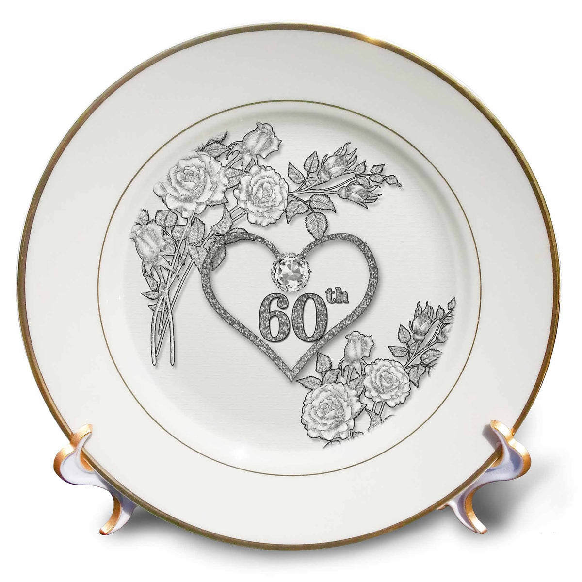3dRose Doreen Erhardt Wedding Collection - 60th Diamond Wedding Anniversary Word Art with Heart on Linen White - Plates (cp_264588)