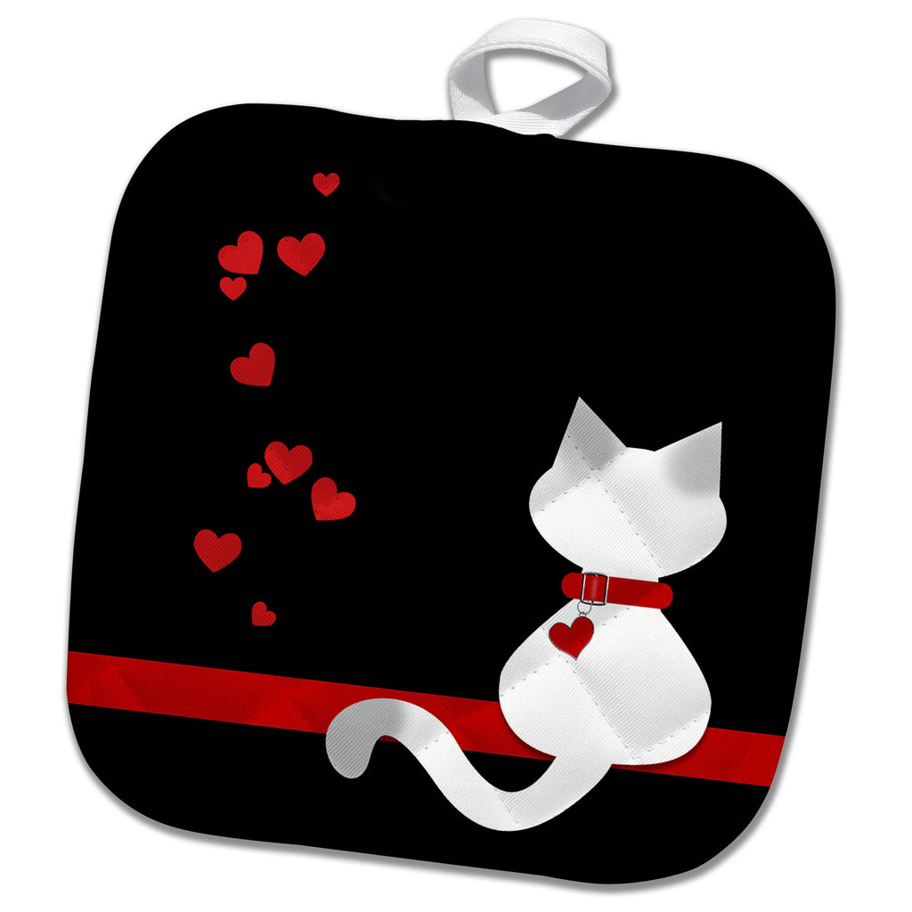 3dRose Charlyn Woodruff - CW Designs Whimsical Collection - Pet Lovers Red Hearts Siamese Kitty Cat - Potholders (PHL_164793)