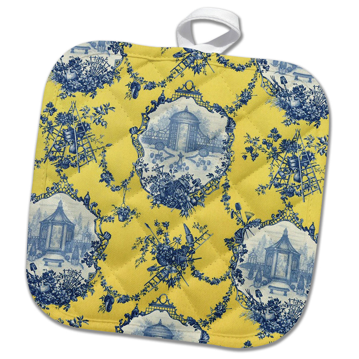 3dRose RinaPiro - French Toile - Garden French Toile. Yellow and Blue. Popular Toile Print. - Potholders (PHL_218087)