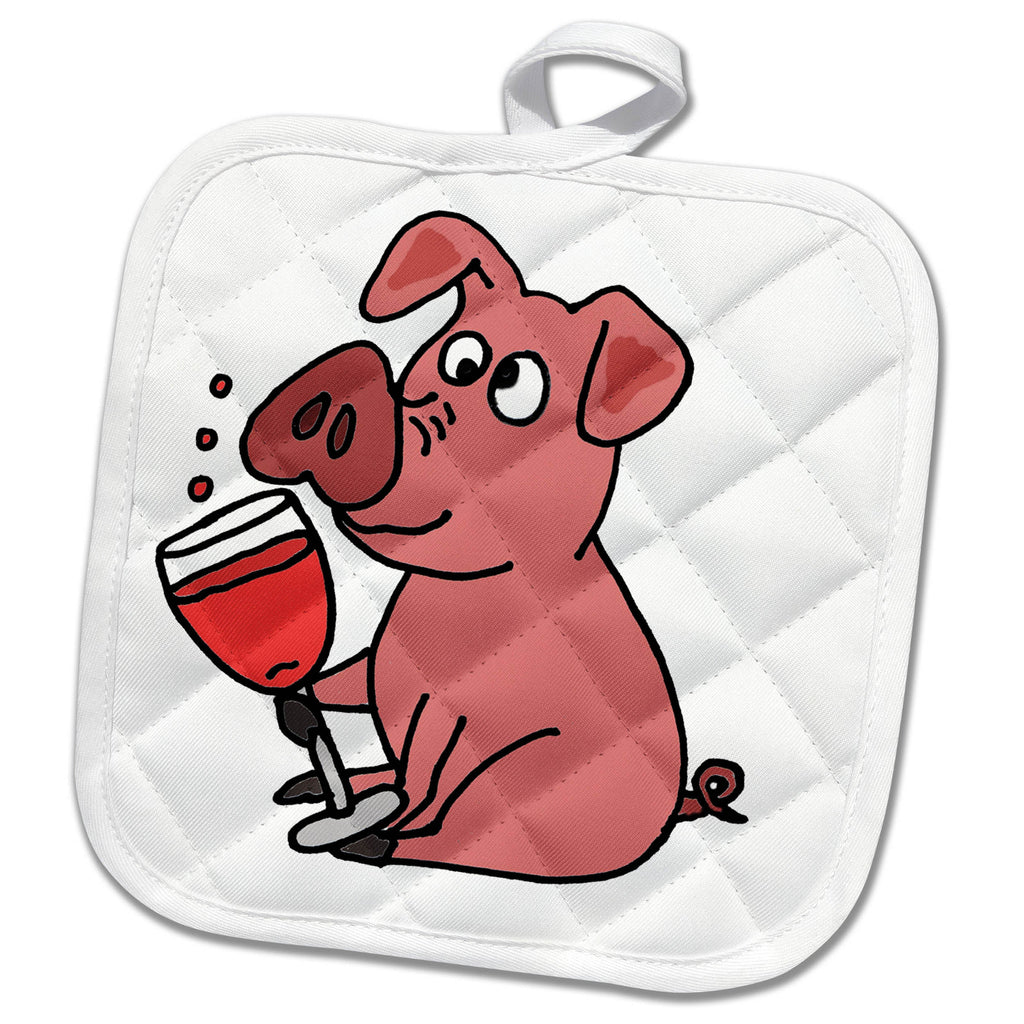 3dRose All Smiles Art Food and Drinks - Funny Pink Pig Drinking Wine Cartoon - Potholders (PHL_240058)