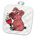 3dRose All Smiles Art Food and Drinks - Funny Pink Pig Drinking Wine Cartoon - Potholders (PHL_240058)