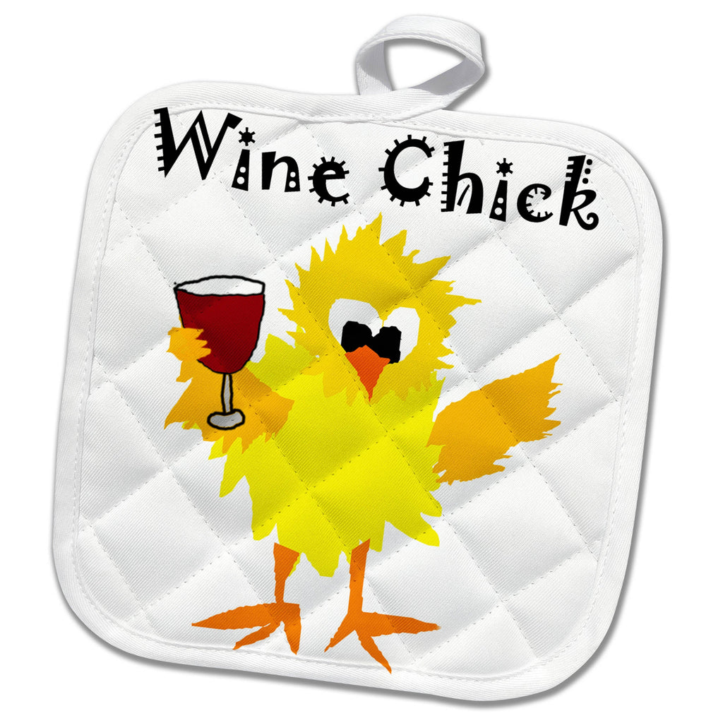 3dRose All Smiles Art Food and Drink - Cool Funny Wine Chick with Chicken Holding Red Wine Glass - Potholders (PHL_244596)