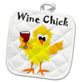 3dRose All Smiles Art Food and Drink - Cool Funny Wine Chick with Chicken Holding Red Wine Glass - Potholders (PHL_244596)