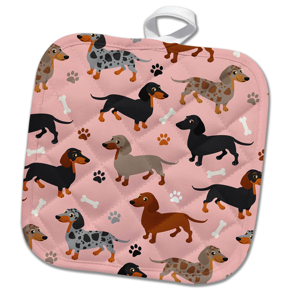 3dRose Janna Salak Designs Dogs - Cute Dachshund Pattern Pink Weiner Dog - Potholders (phl_283604)