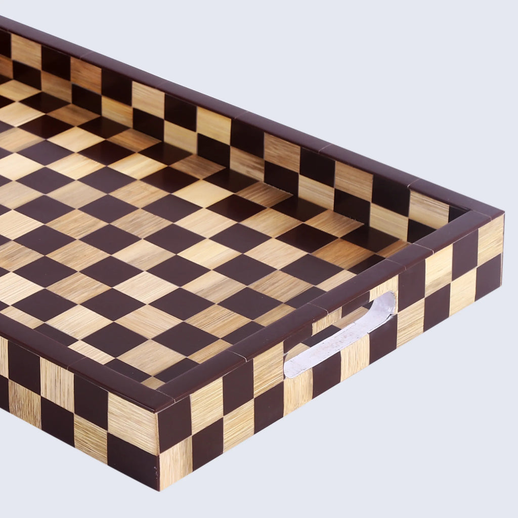 Brown Checkered Decorative Tray Coffee Table Ottoman 17"x11"