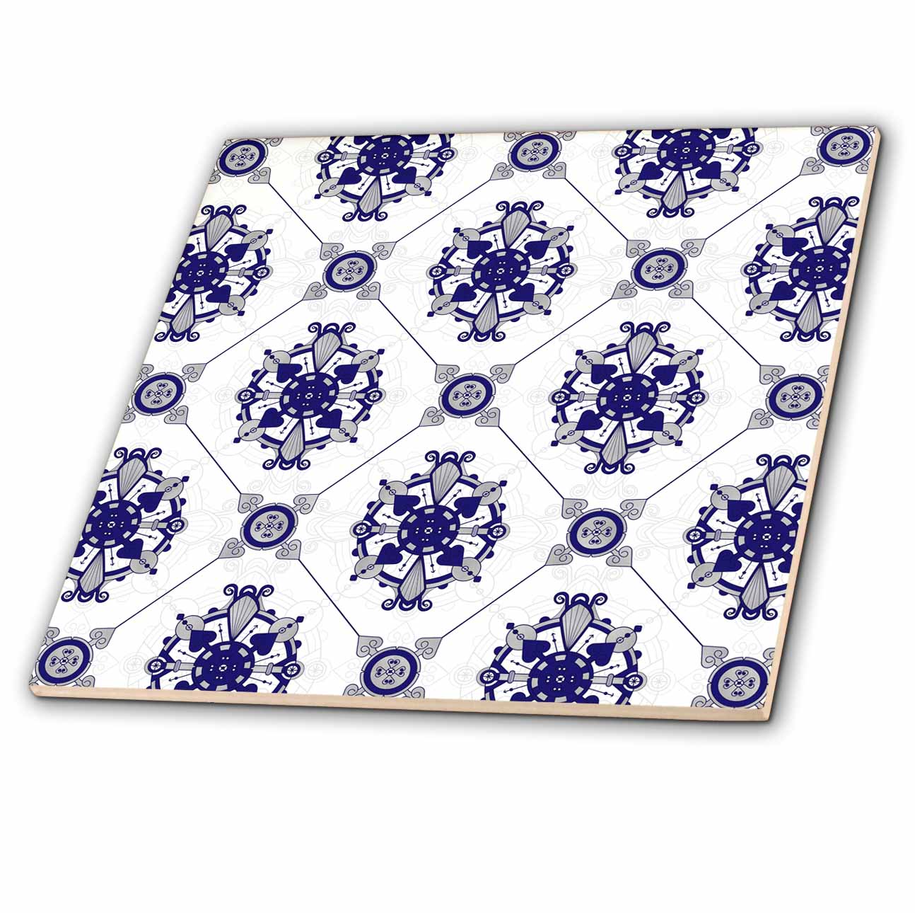 3dRose Janna Salak Designs Prints and Patterns - Elegant Blue and White Medallion Pattern - Tiles (ct_192861)