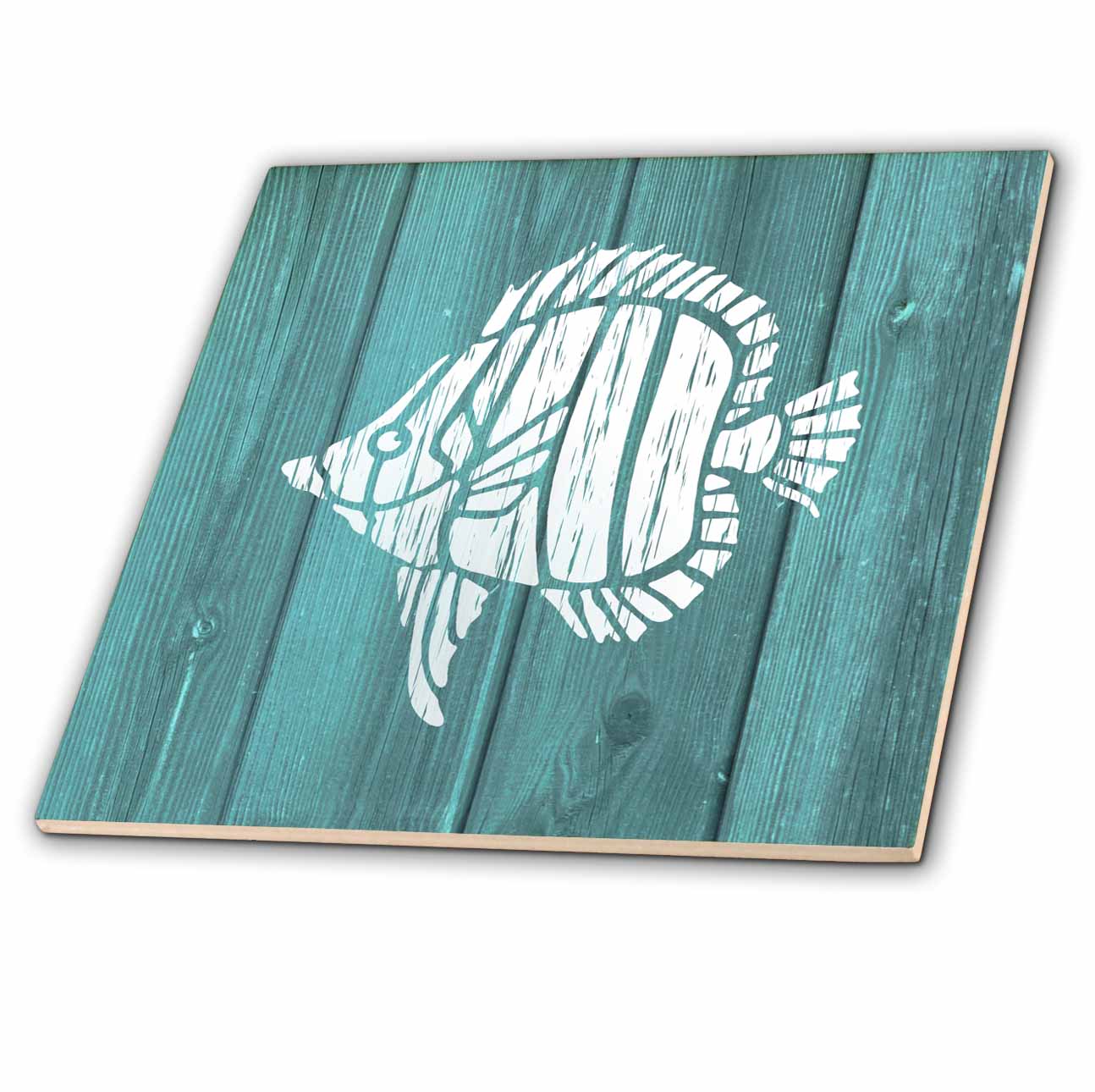 3dRose Russ Billington Nautical Designs - White Painted Tropical Fish on Teal Background- not Real Wood - Tiles (ct_220421)