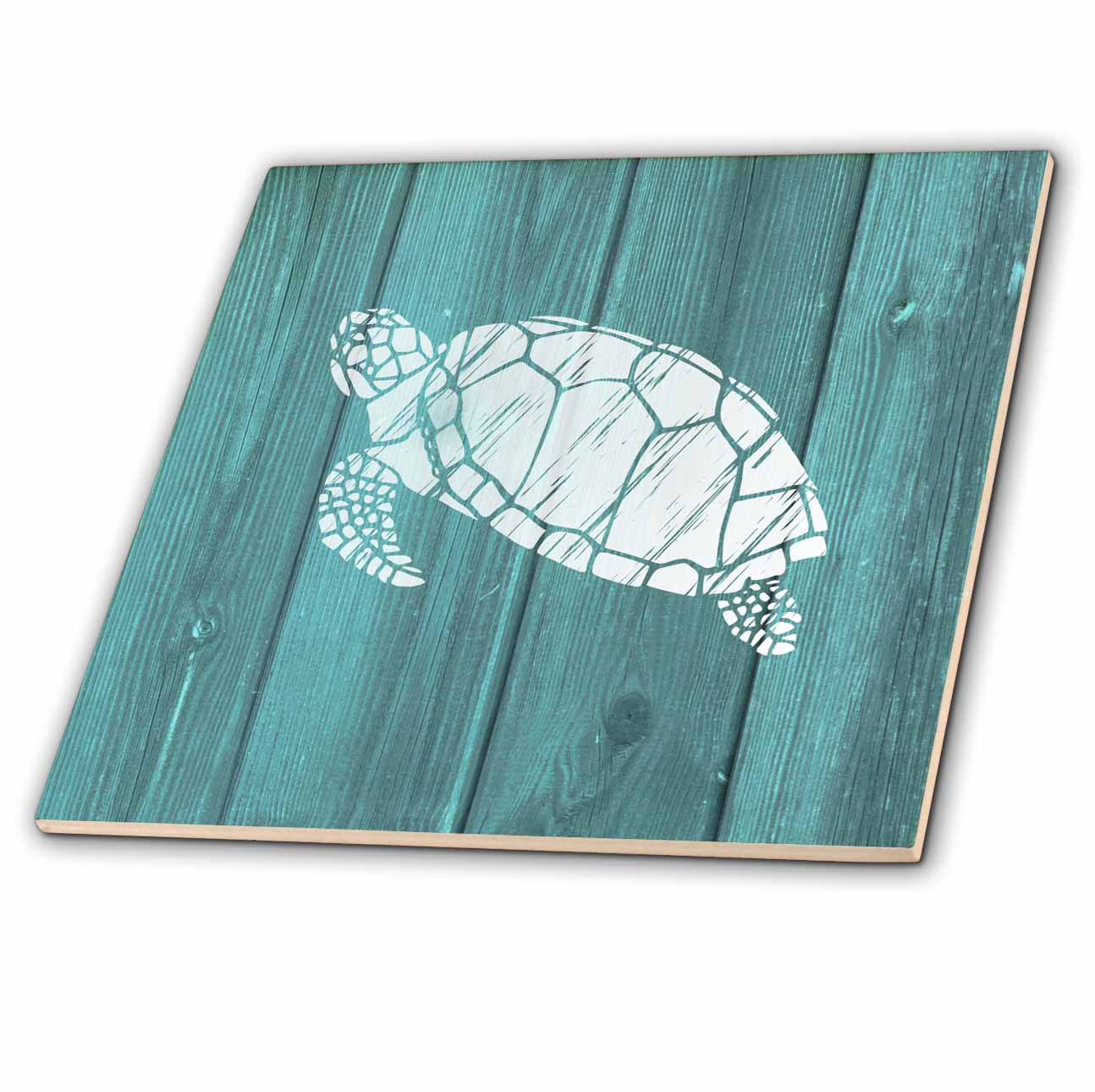 3dRose Russ Billington Nautical Designs - Turtle Stencil in White Over Teal Weatherboard- not Real Wood - Tiles (ct_220428)