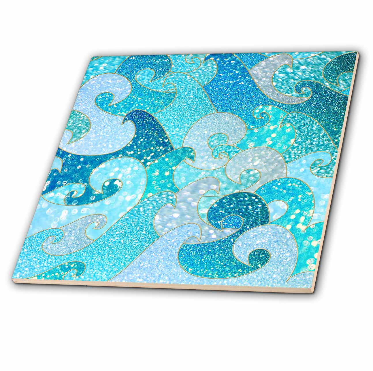 3dRose Uta Naumann Faux Glitter Pattern - Trendy Mermaid Waves Sparkle Blue Ocean Faux Glitter Pattern - Tiles (ct_266850)