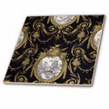 3dRose RinaPiro - Pattern - French toile. Gold and Black. - Tiles (ct_268733)