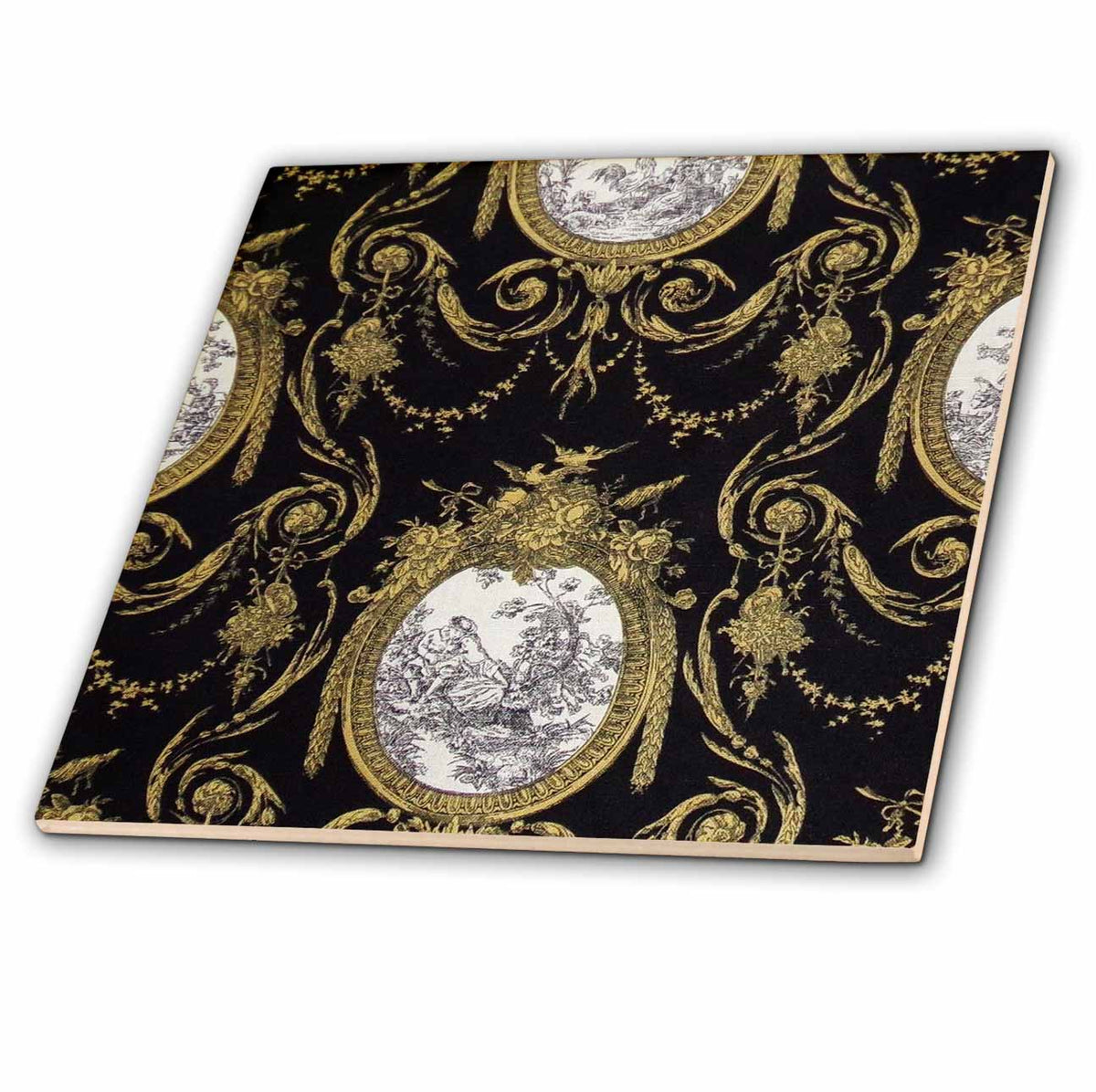 3dRose RinaPiro - Pattern - French toile. Gold and Black. - Tiles (ct_268733)