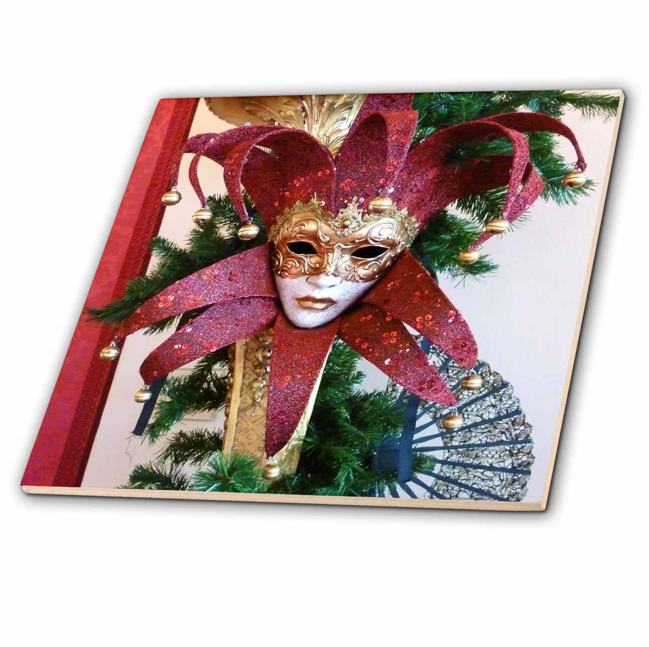 3dRose Florene Vintage - Red and Gold Vintage Mardi Gras Mask - Tiles (ct_37256)