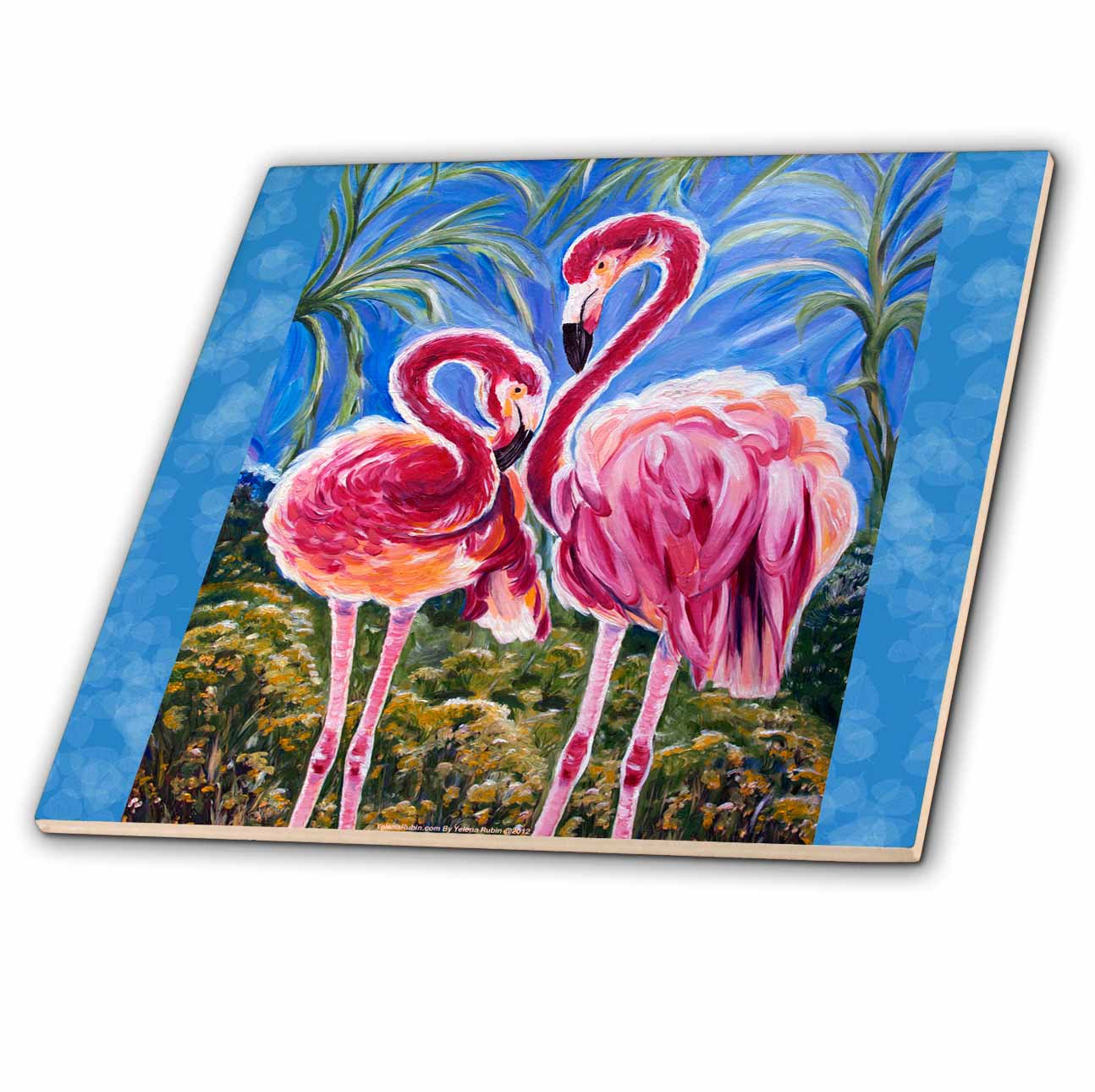 3dRose Yelena Rubin Painting Birds and Dreamscapes - This is the trinity concept of love - bird flamingos and the subliminal heart formed by the heads. - Tiles (ct_54920)
