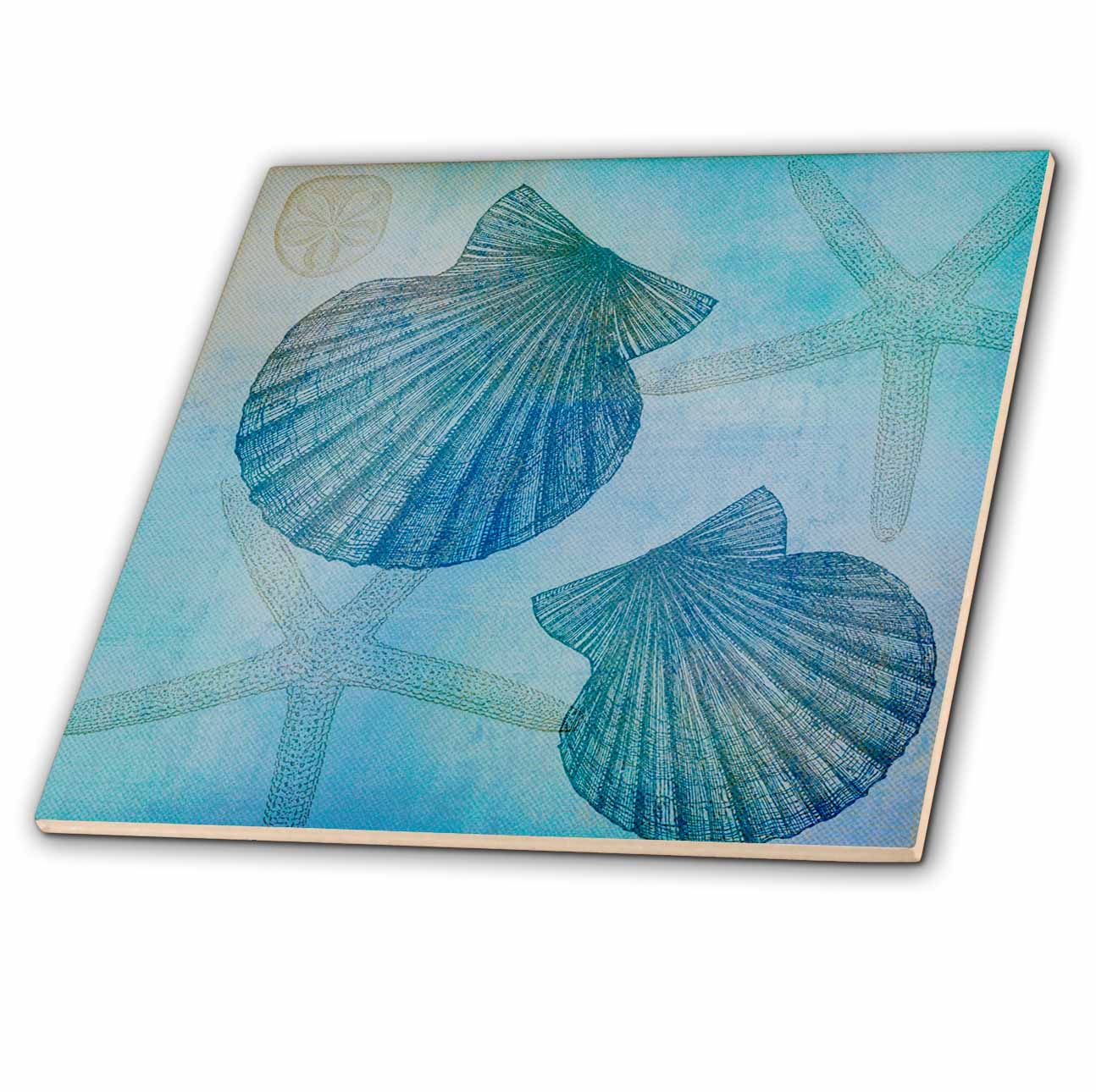 3dRose PS Beach - Aqua Shells and Starfish Beach Themed Art - Tiles (ct_79341)