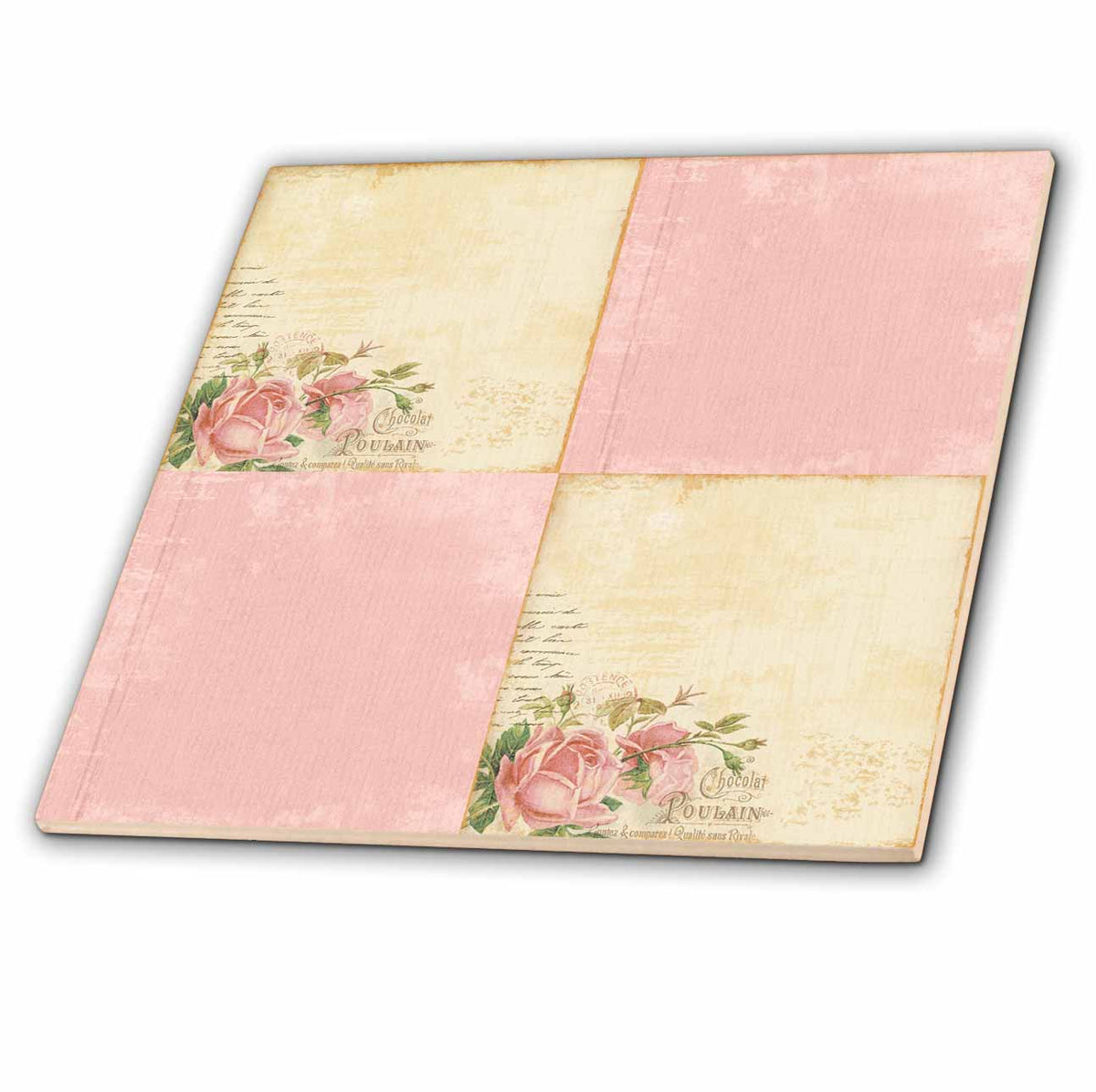 3dRose PS Vintage - Pink Roses Vintage Collage Art - Tiles (ct_99160)